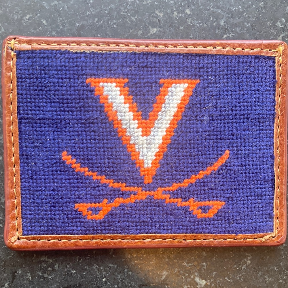 Needlepoint Wallet with Blue and Orange Design
